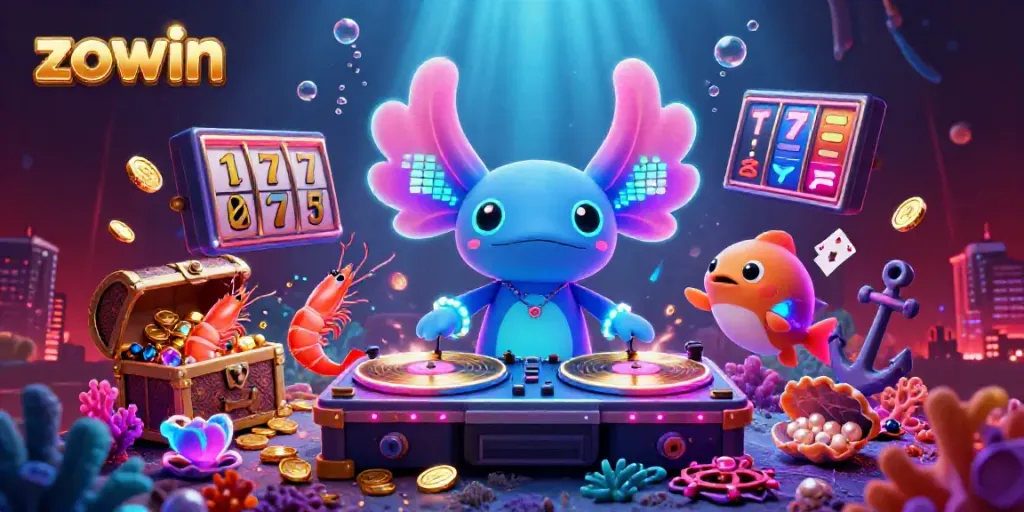 Experience lively gaming with zowin in a vibrant 3D scene featuring a DJ axolotl and animated marine characters.