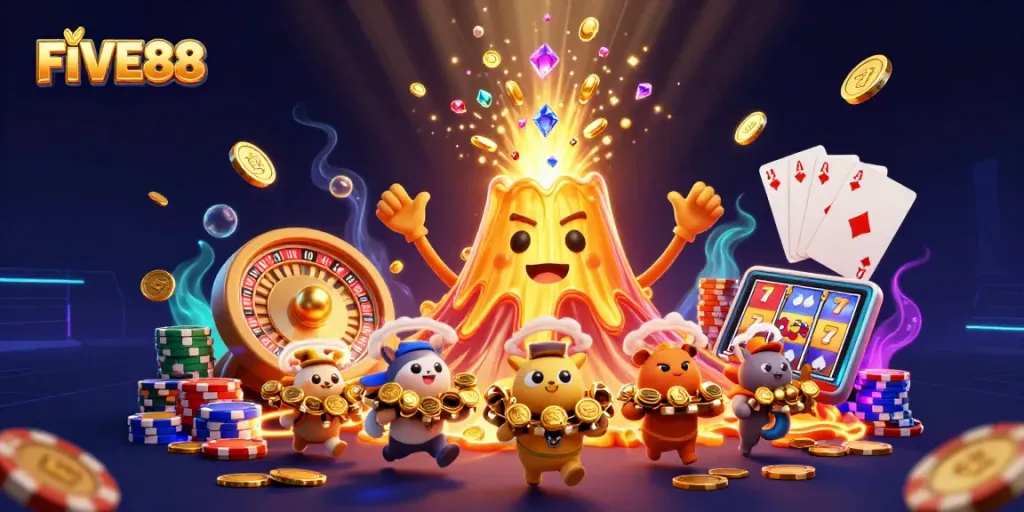 Experience the excitement of FIVE88 with golden treasures, slot reels, and vibrant casino action.
