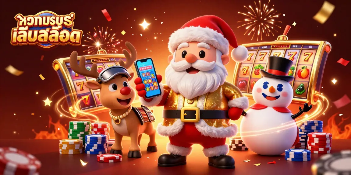 Play ทดลองเล่นสล็อต with Santa and friends in a festive casino scene rich with slot features.