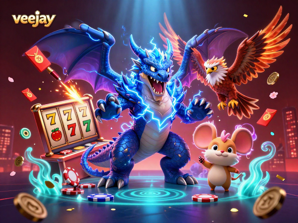 Spielen Sie mit Veejay im aufregenden Casino voller Glückssymbole und lebendiger Charaktere.