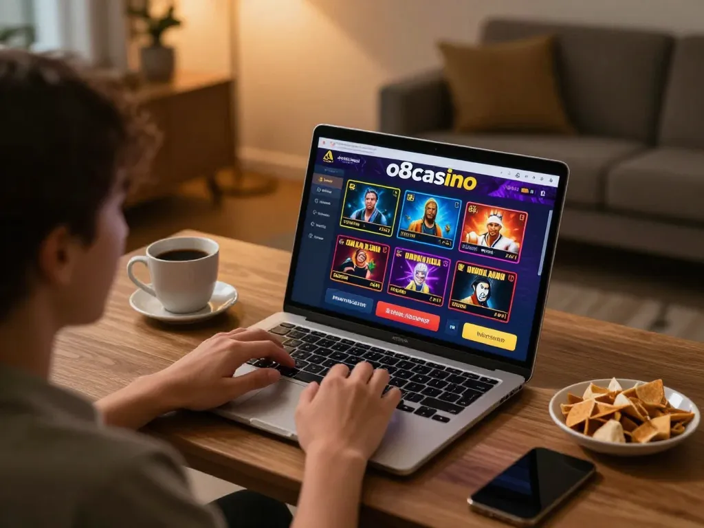 Player enjoying online games at o8casino with engaging graphics and cozy atmosphere.