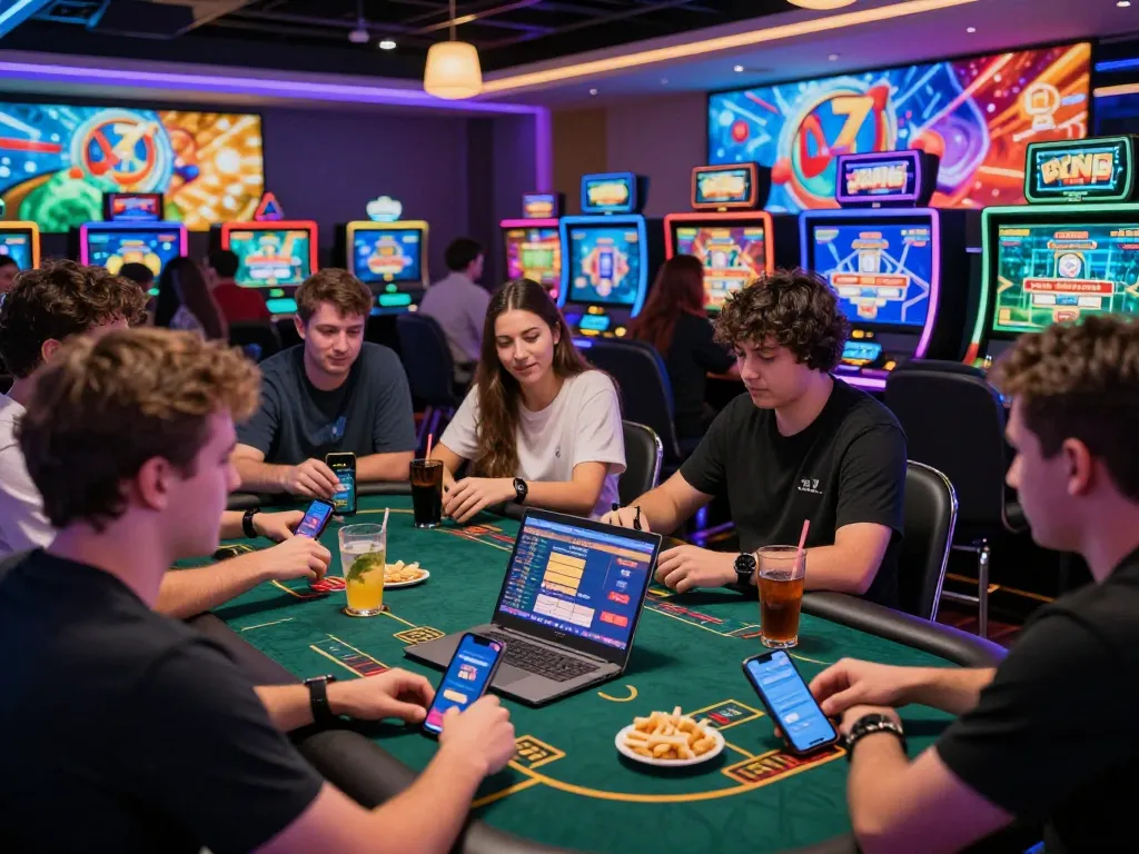 Players enjoying aud77 promotions in a lively online casino setting with vibrant decor and engaging games.