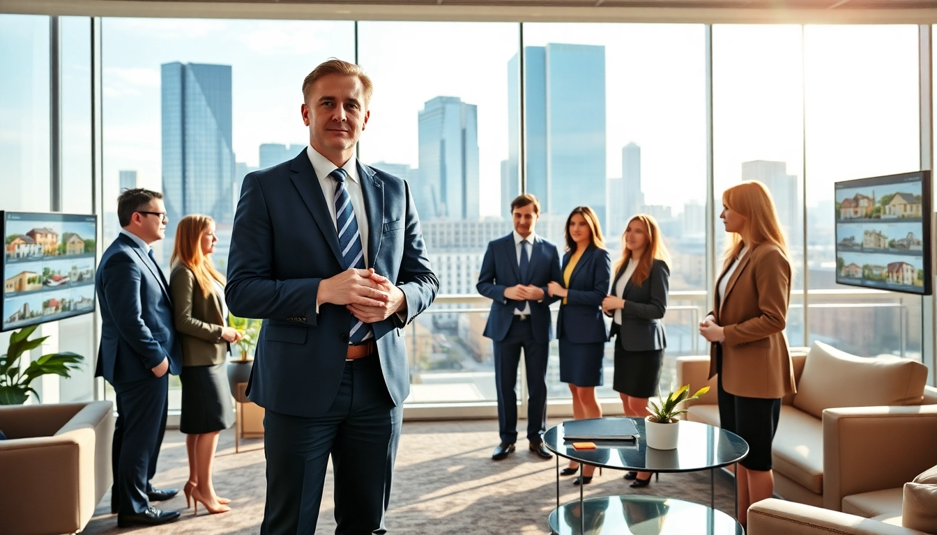 Immobilienmakler Frankfurt Dornbusch berät Kunden in modernem Büro mit Blick auf die Skyline.