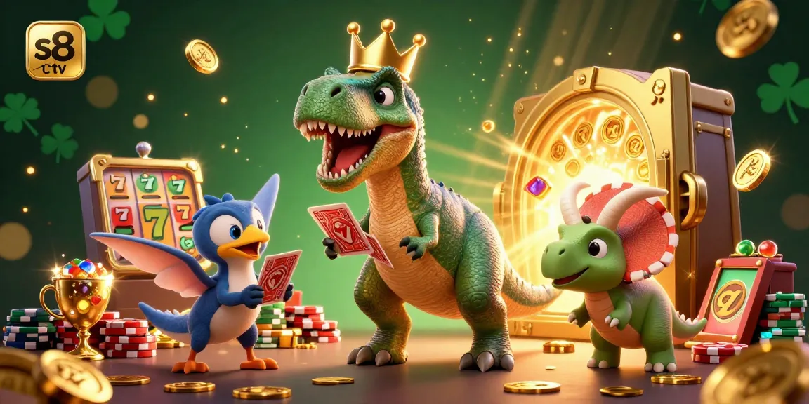 S8 TV engages players with a vibrant scene where a T-Rex plays cards amidst spinning slots and golden treasures.