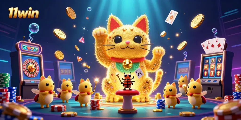 Experience the excitement of 11win with a lucky cat made of fireflies and casino symbols, surrounded by gold coins and a roulette wheel.