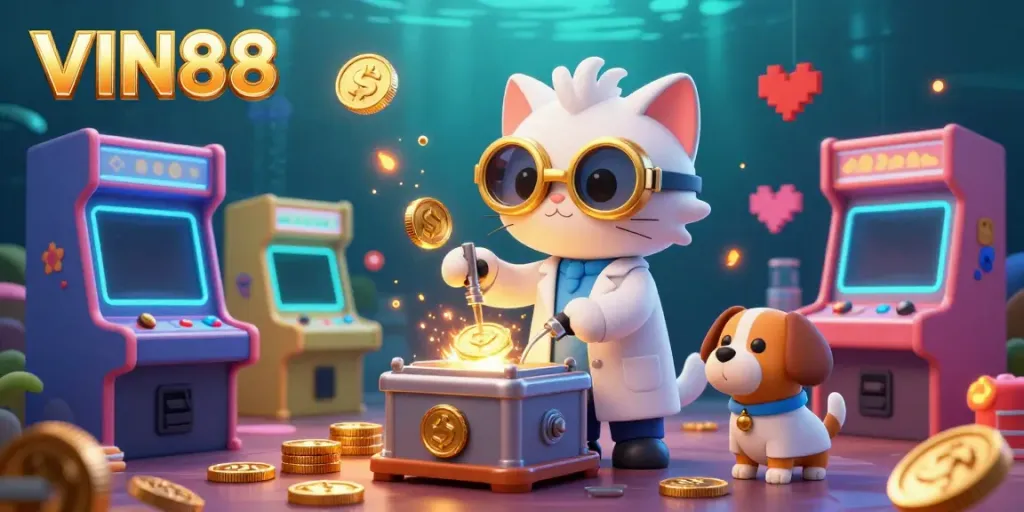 Experience thrilling gaming challenges at VIN88 with a vibrant 3D casino scene featuring animated characters and engaging game elements.