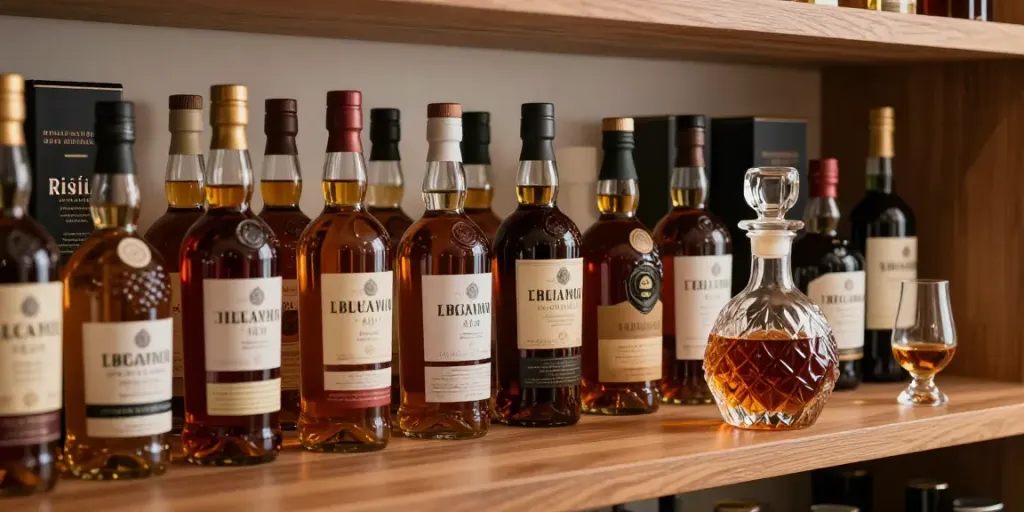 Whisky Sammlung App: Stilvolle Hausbar mit Whiskyflaschen und Dekanter