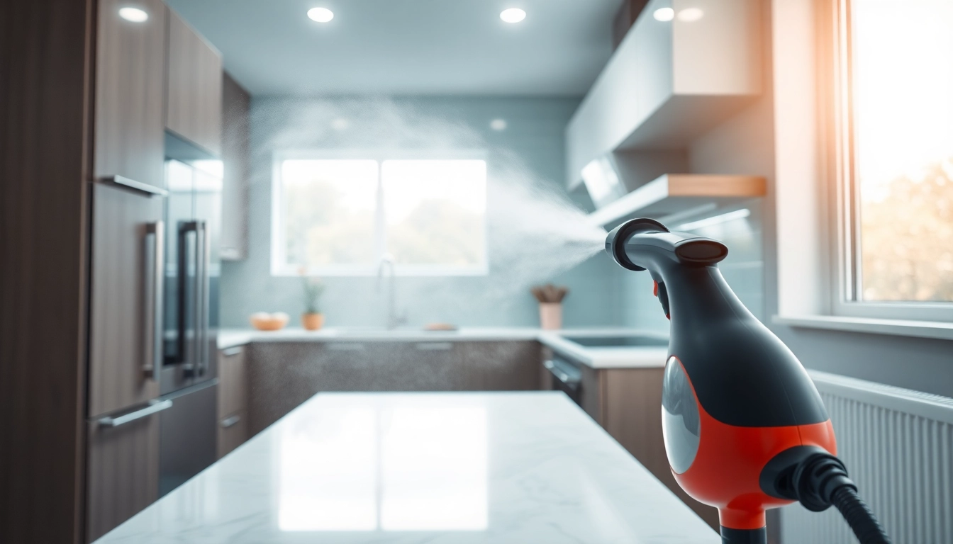 Efficiently using a dampfreiniger to clean kitchen surfaces, showcasing its steam power.
