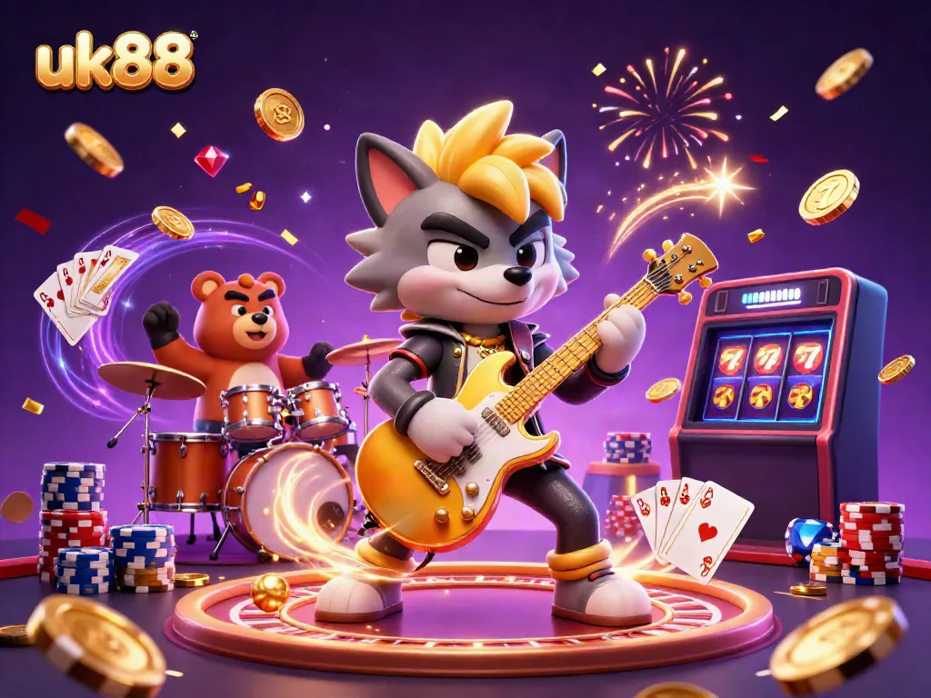 Experience exhilarating slots and games at uk88 with vibrant casino elements in a dynamic illustration.