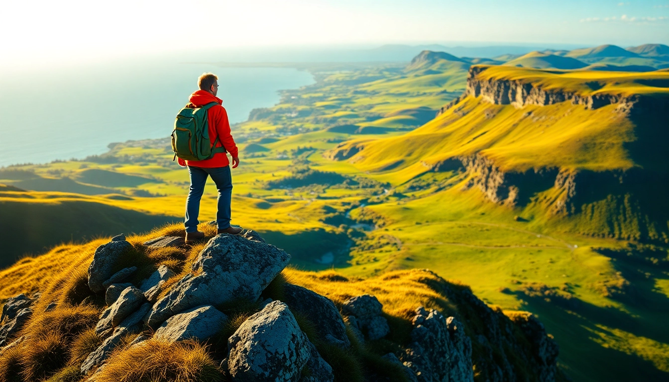 Irland wandern: Hiker standing on cliffs with stunning Irish landscape in the background.