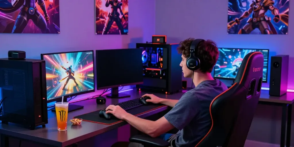 Engaging gaming scene showcasing link vào 78win setup, user immersed with colorful LED lights and high-performance equipment.