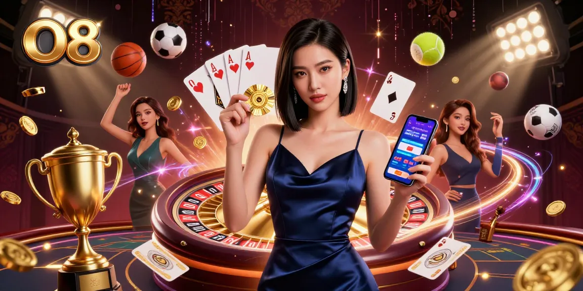 Experience the excitement at O8 with a sophisticated Asian woman holding a golden chip and gambling app.