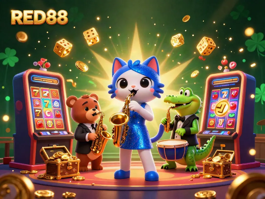 Experience the excitement of RED88 with engaging casino characters and vibrant slot game elements bursting with action.