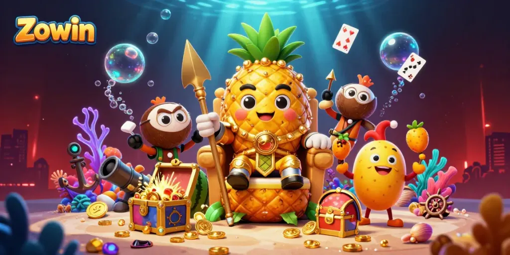Zowin captivates players with an immersive casino scene featuring vibrant gaming elements and animated characters.