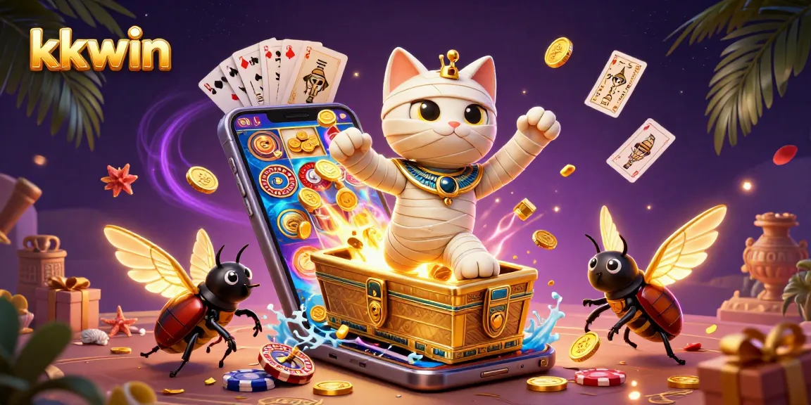kkwin showcases a dynamic gambling scene featuring a mummy cat and a scarab beetle surrounded by vibrant casino elements.