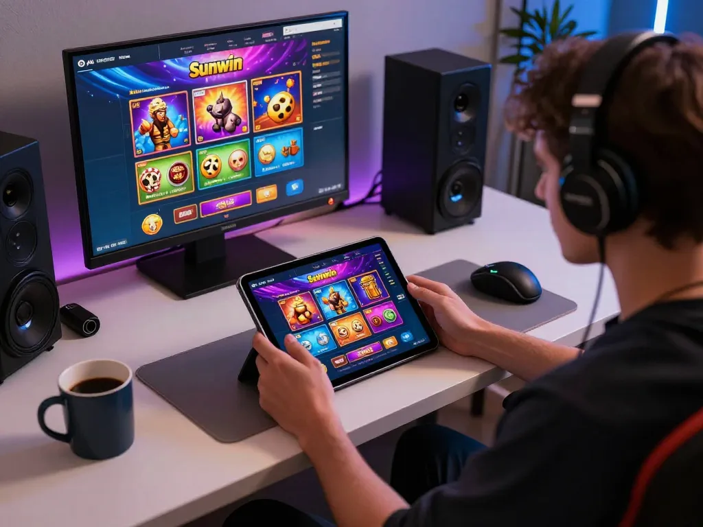 Sunwin player engaged in online gaming, showcasing the casino app on a tablet in a cozy home setup.