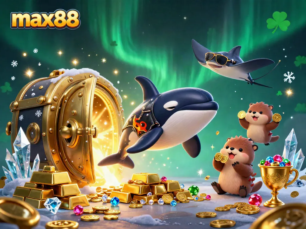 Join the fun at max88 with a dynamic scene of lively sea creatures amidst golden treasure in a thrilling online casino adventure.