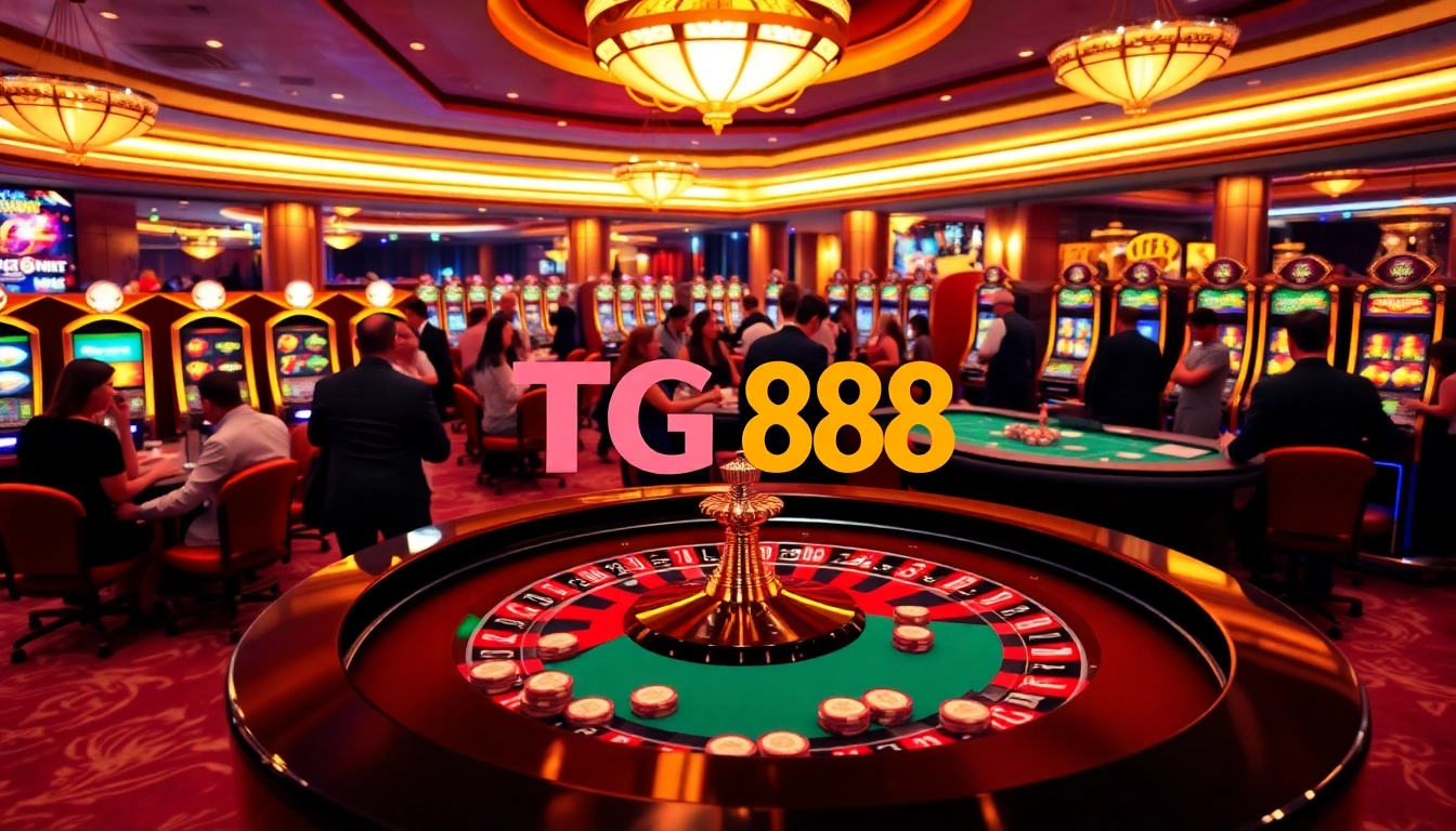 Engage in professional gambling action at TG 88's vibrant casino tables, showcasing roulette and poker excitement.