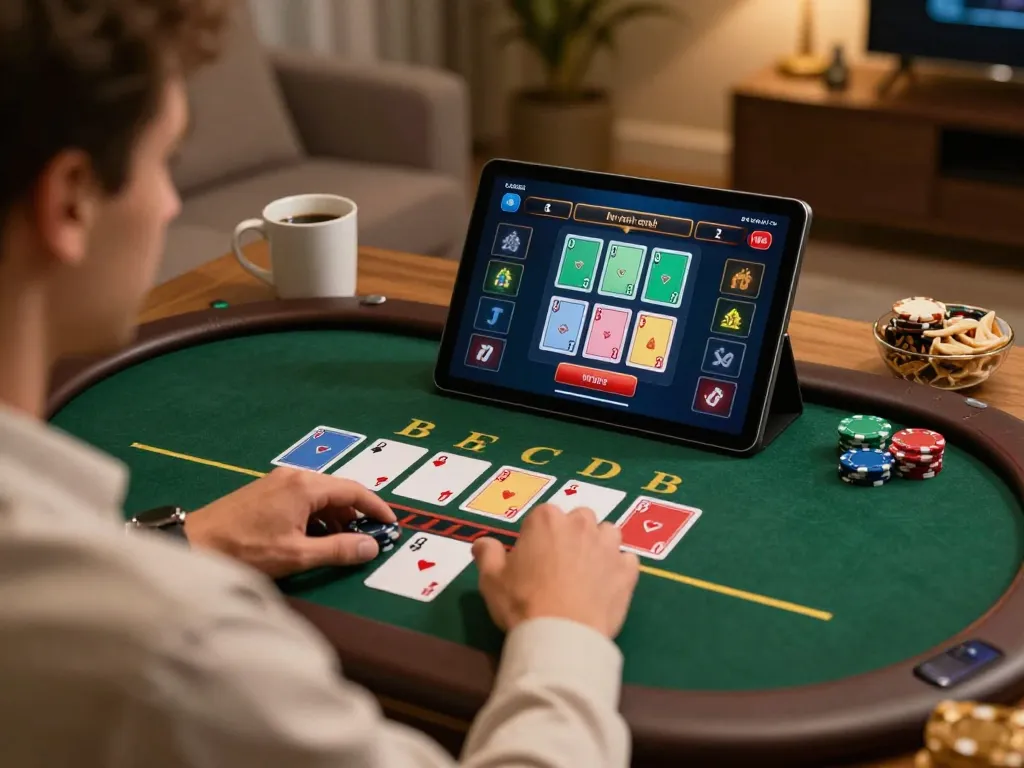 Engaging scene of a player at nhà cái mb66 enjoying online blackjack, with gameplay interface visible on tablet.