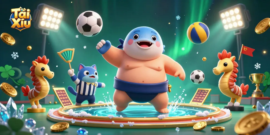 Engage in Tài Xỉu excitement with an animated fugu and lively seahorses in a dynamic casino atmosphere.