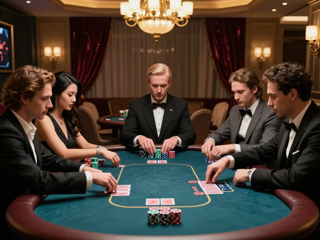 Engage with link fly88 at an elegant casino poker table while players strategize in luxury ambiance