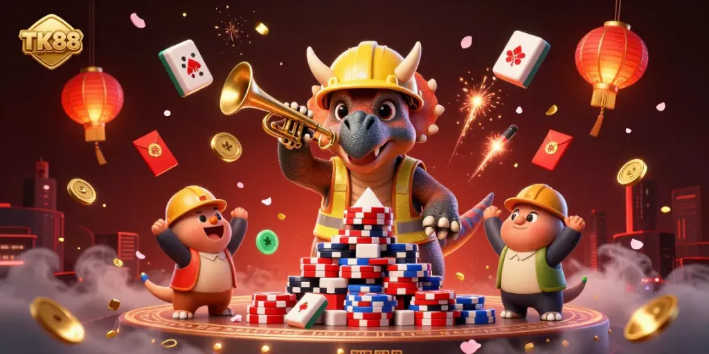 Celebrate with TK88 at the casino, featuring engaging characters and vibrant game elements.