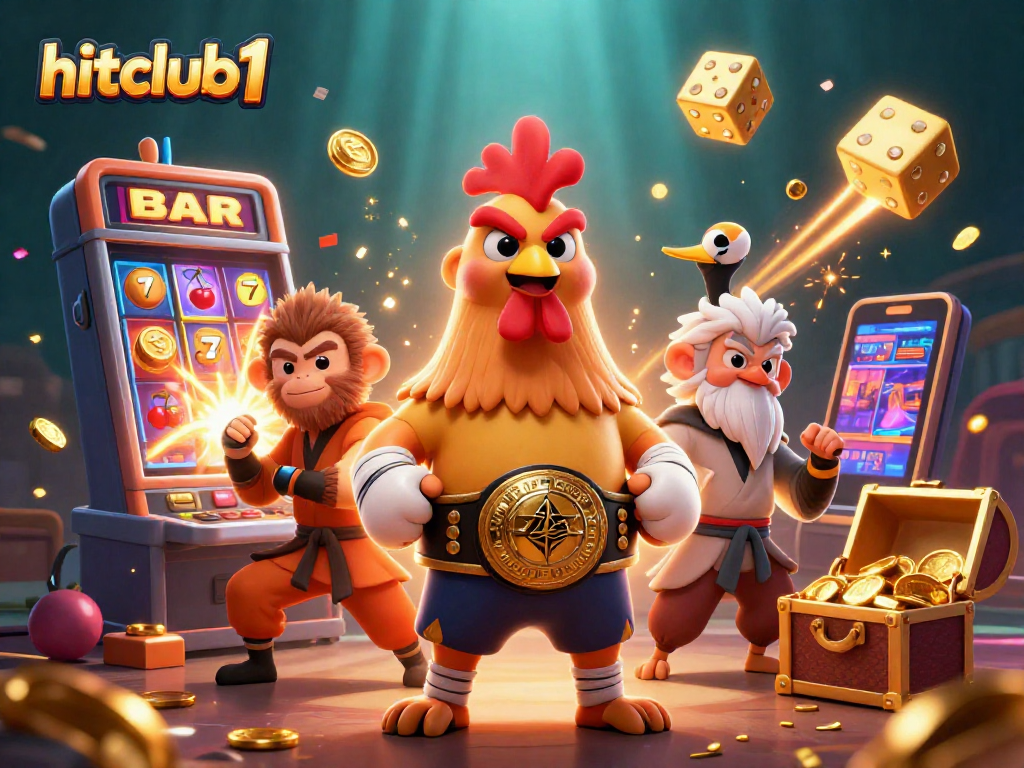Hitclub1 features a fierce rooster and monkey martial artist with a jackpot explosion backdrop in a vibrant casino scene.
