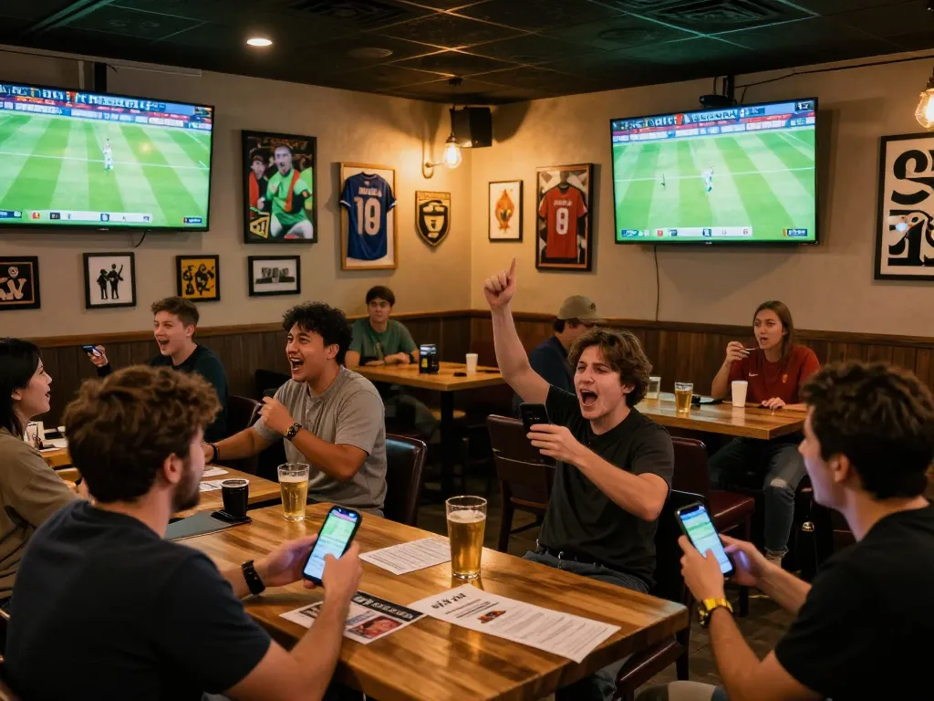 Tỷ lệ kèo nhà cái hôm nay analyzed in a lively sports bar with fans cheering and engaging.