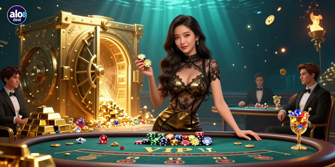 Play winning hands with alo8 deal at a vibrant VIP baccarat table filled with gold and jewels.