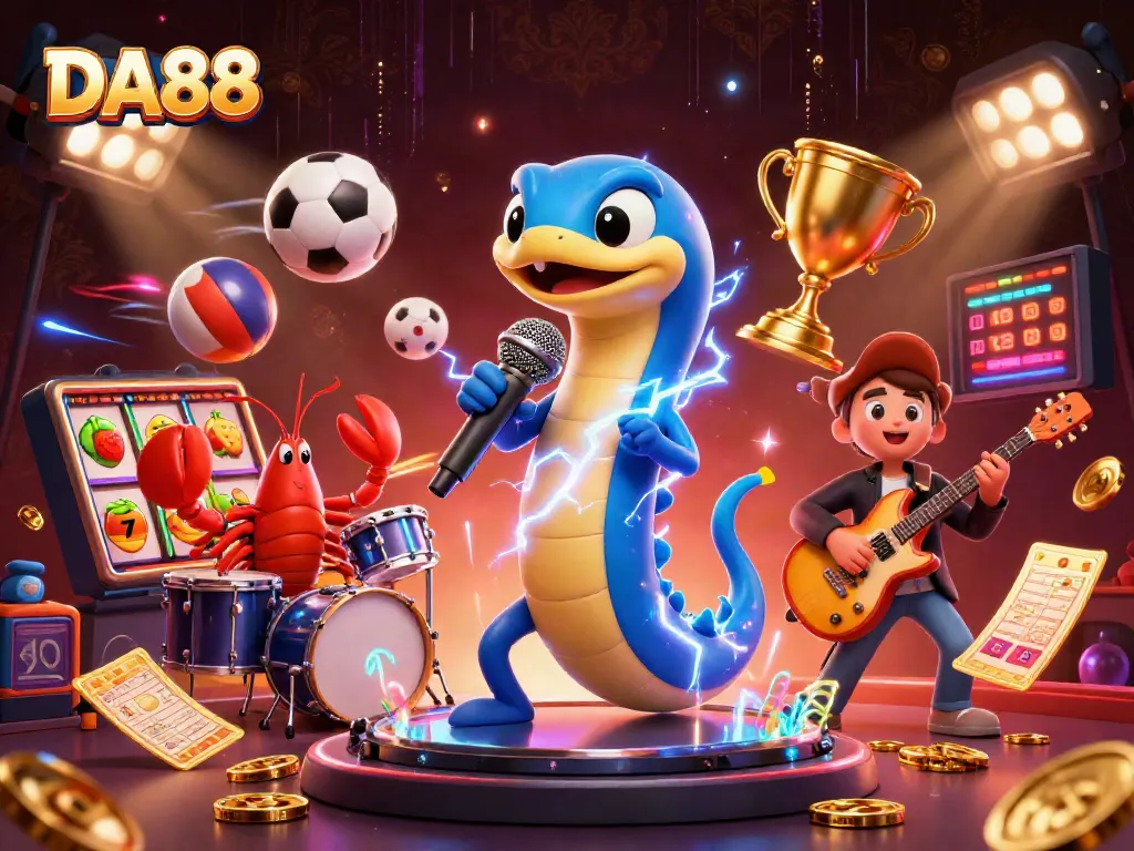 DA88 showcases a lively underwater casino with a DJ electric eel and backup band, bursting with immersive gaming elements.