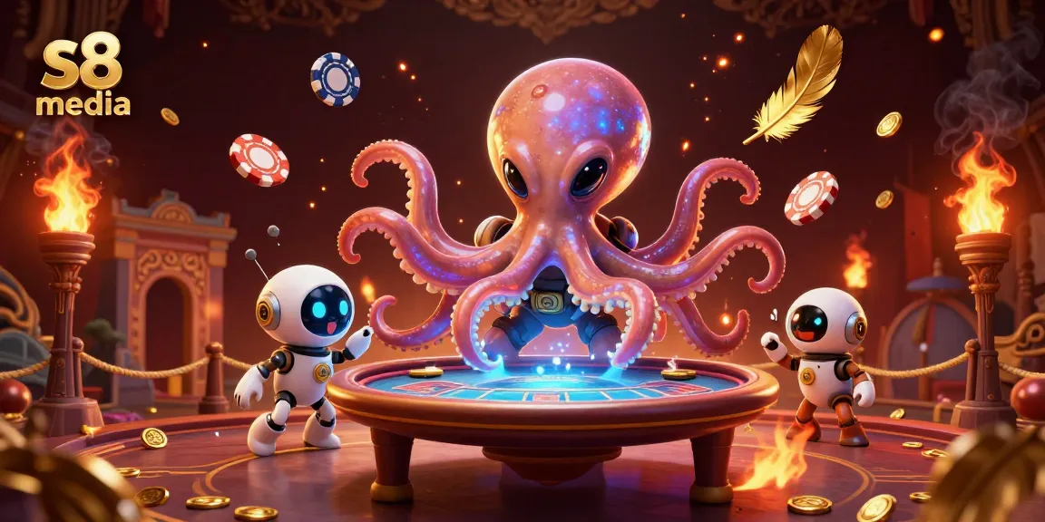 Engage in thrilling poker action with s8 media as the playful alien octopus spins chips