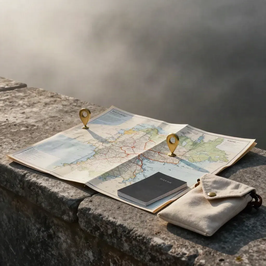 Karte, Pins und Reisekarten auf Stein im Morgennebel