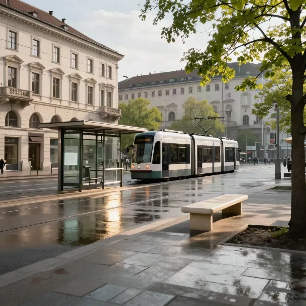 Tram fährt über nassen Münchner Platz mit sonnigen Fassaden und Linden nach dem Regen.