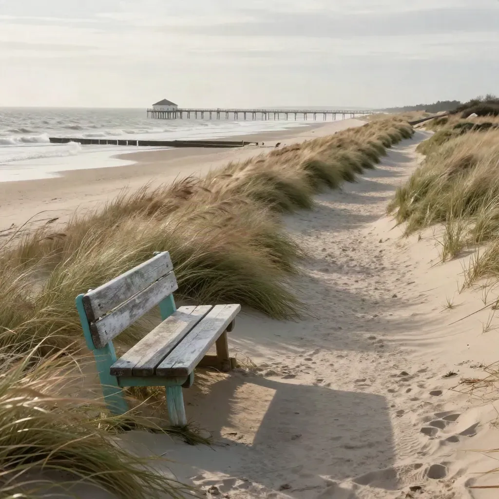 Windiger Nordsee-Deichweg mit Schilf, Bank und Pier über den Salzwiesen