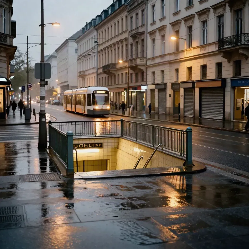 Berliner Kreuzung bei Nacht mit nasser Straße, U-Bahn-Eingang, geschlossenen Läden und vorbeifahrender Tram.