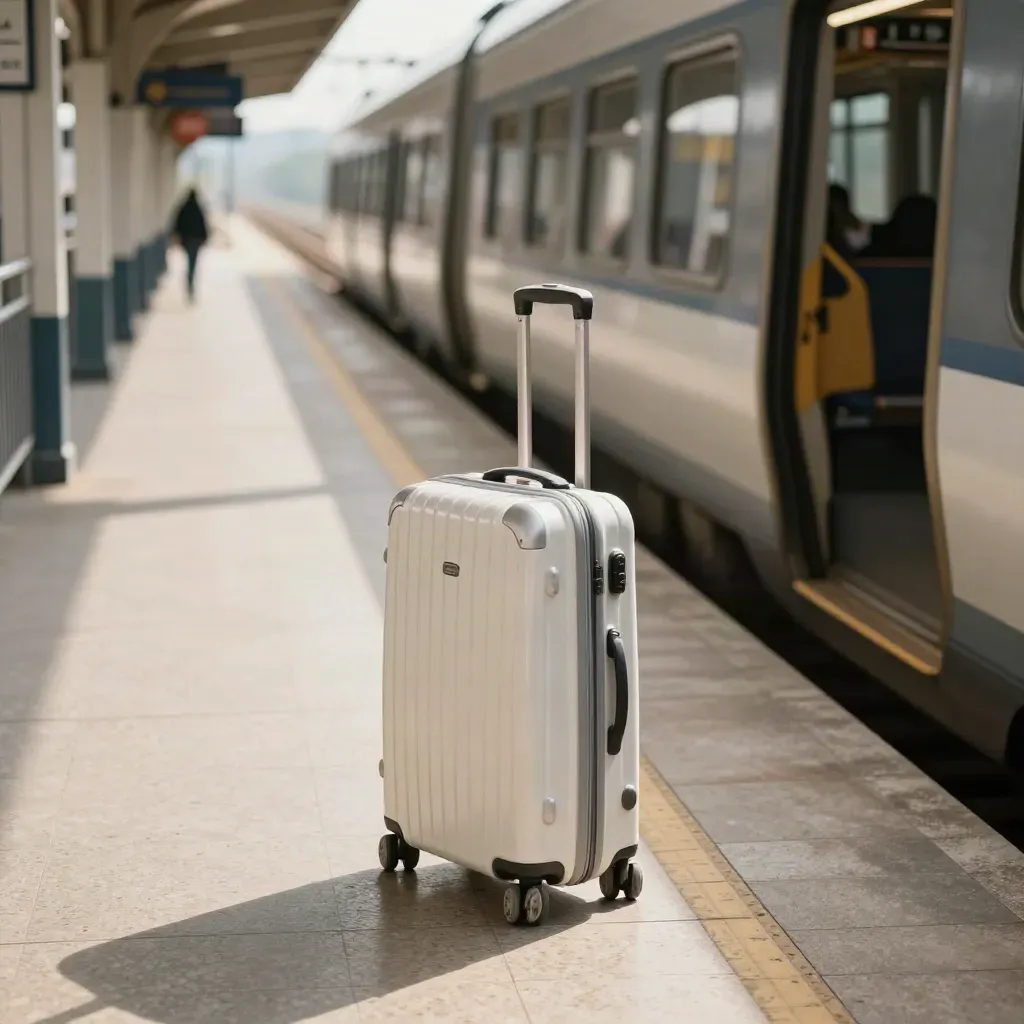 Rollkoffer am Bahnsteig vor Treppe und schließender Zugtür