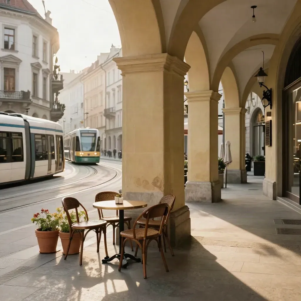 Münchner Altstadt-Arkaden mit Tramgleisen und ruhiger Caféterrasse im Morgenlicht.