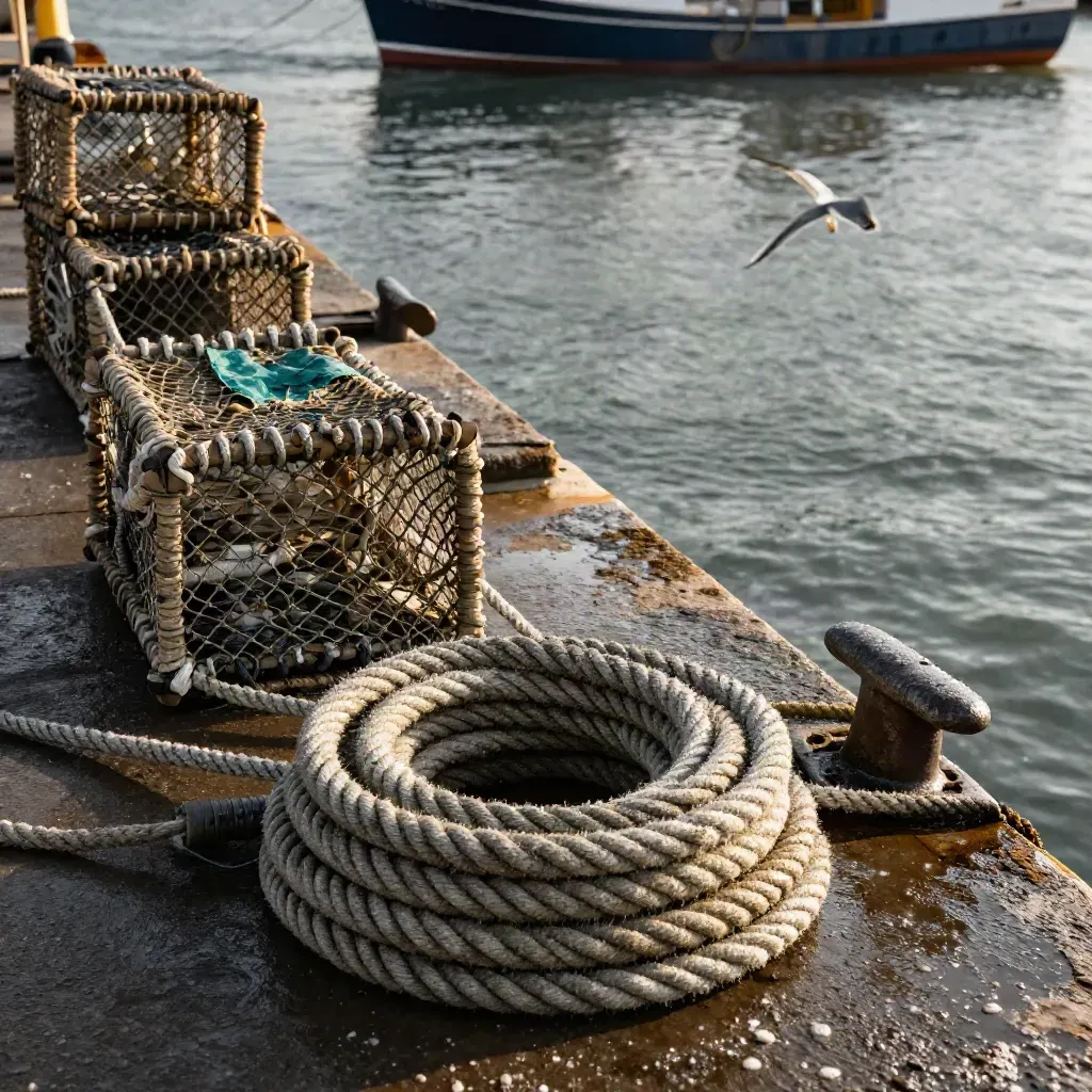 Hafenquai mit Tauen, Lobsterkörben und Möwe bei einsetzender Flut