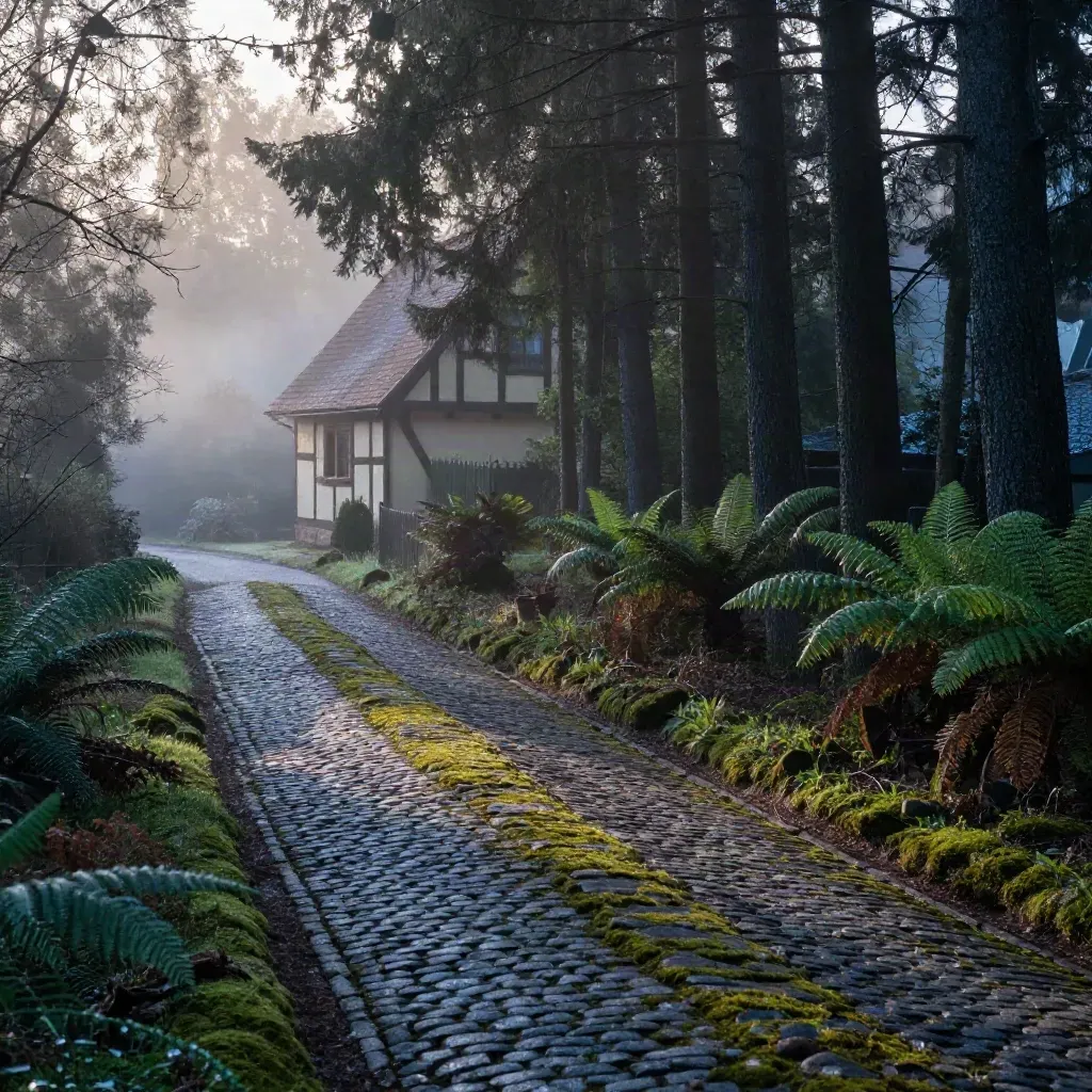 Nebliger Waldweg mit Moossteinen und Fachwerkhaus am Dorfrand im Morgenlicht