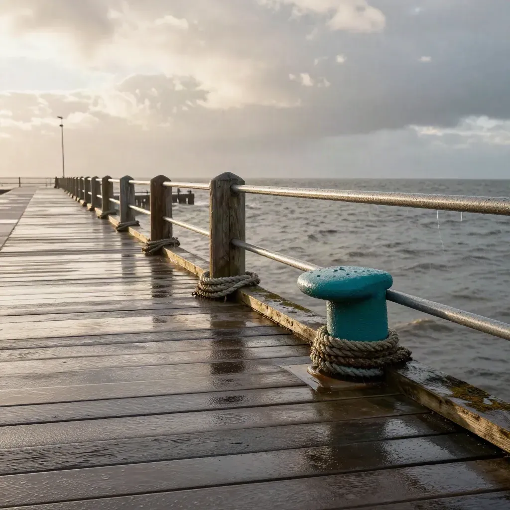 Nasser Ostseesteg mit Pollern, Gischt und aufbrechenden Wolken nach einem Regenschauer
