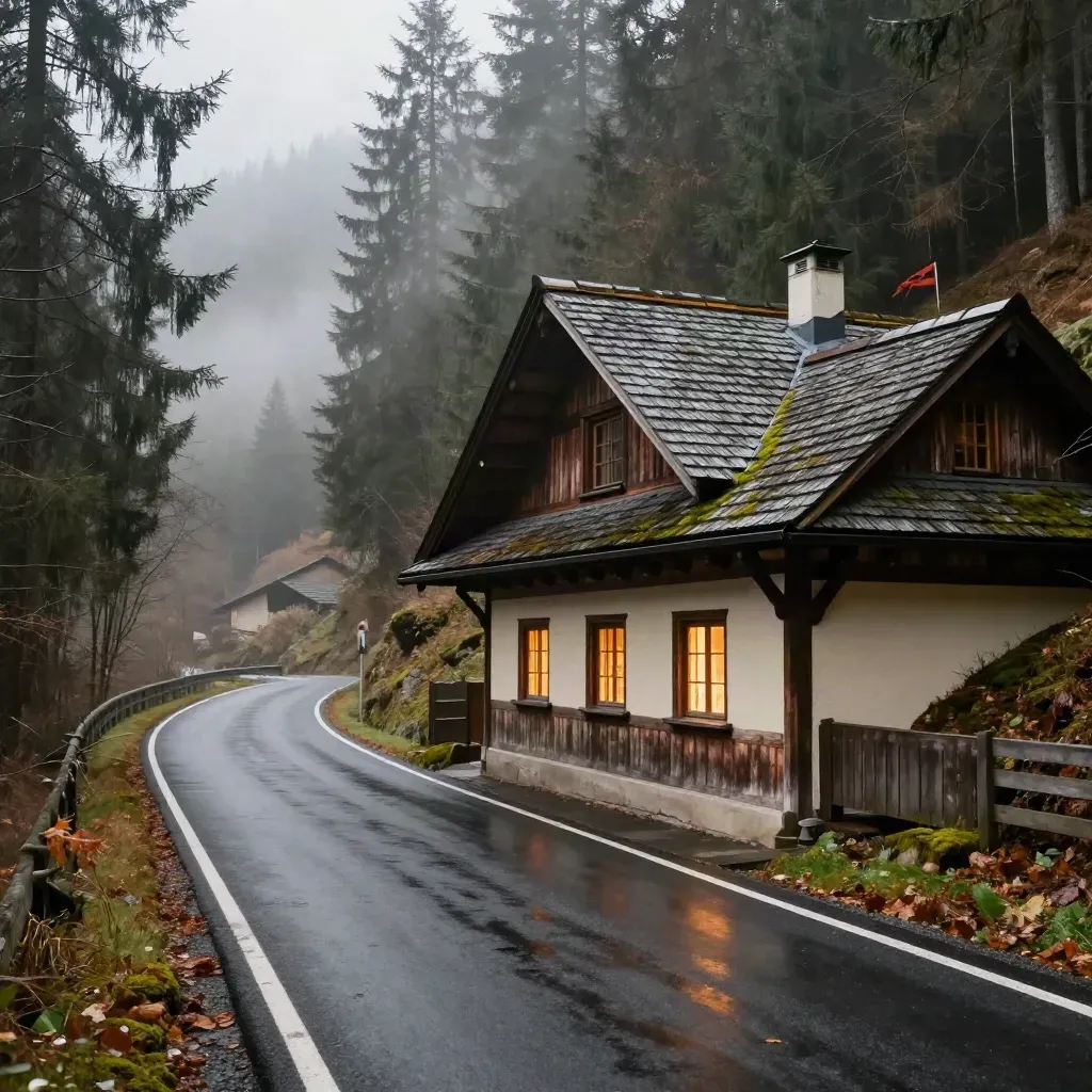 Nasse Schwarzwaldstraße mit Gasthaus, Nebel und warmen Fenstern im Waldhang