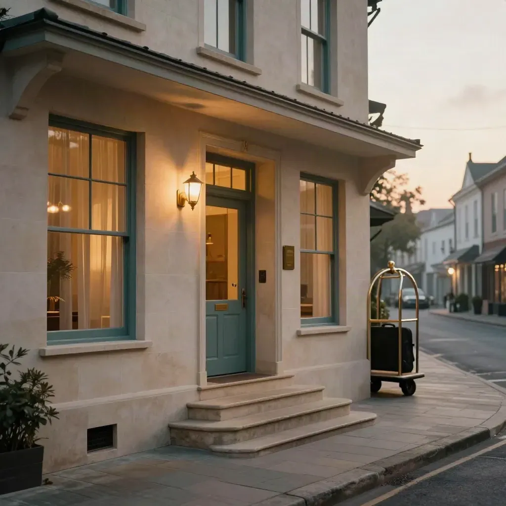 Hotelfront am Drehort mit warmen Fenstern, Steinstufen und Seiteneingang in der Abenddämmerung