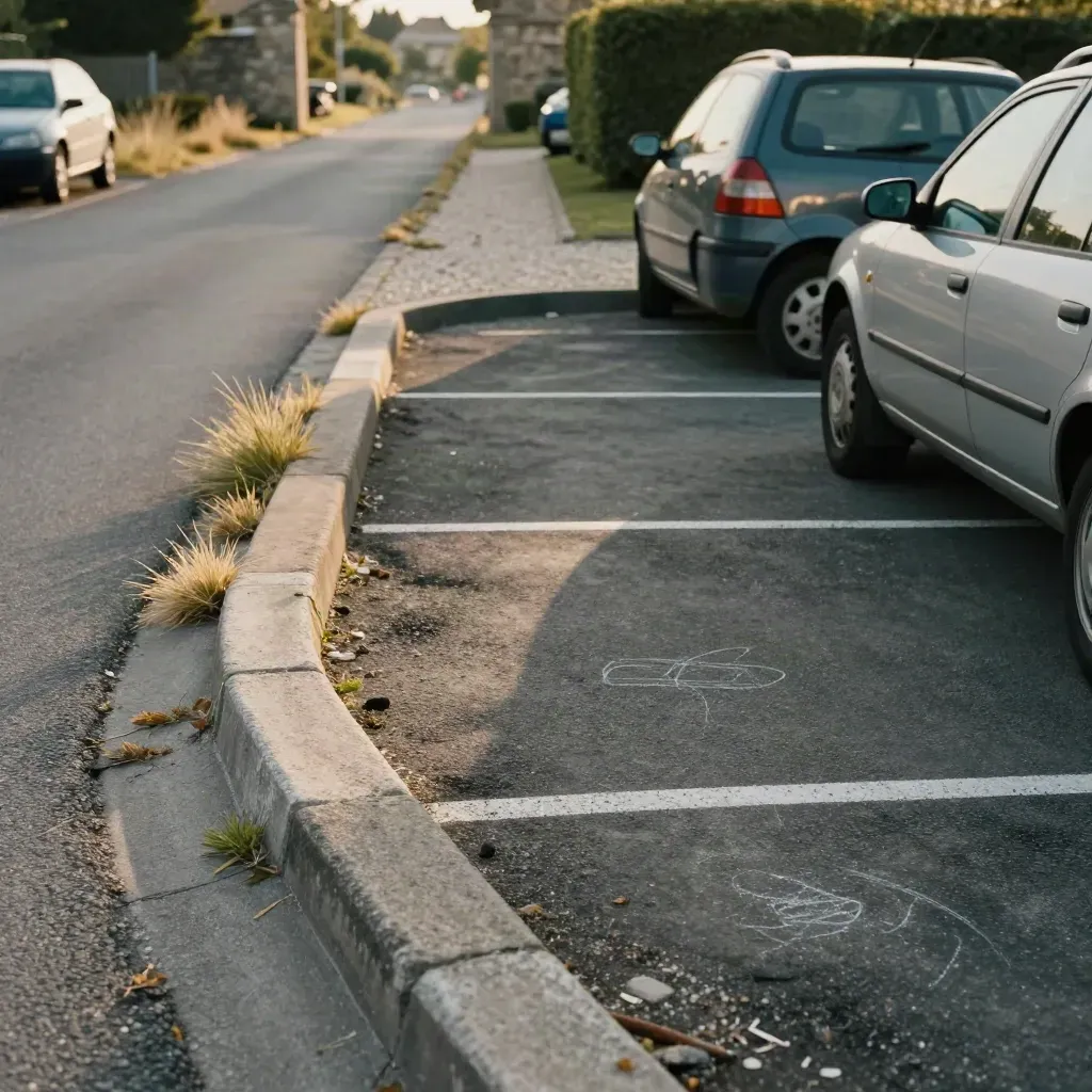 Niedrige Bordsteinperspektive auf einen Parkplatz am Filmset mit ausfahrendem Auto und Weg.