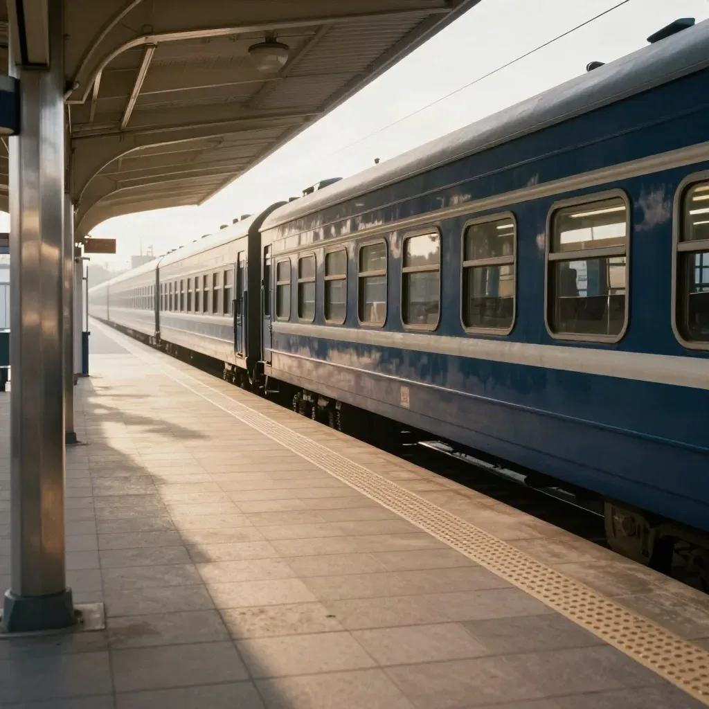 Regionalzug fährt am Bahnsteig ab, Treppe zur Straße, warmes Licht und leere Bewegung.
