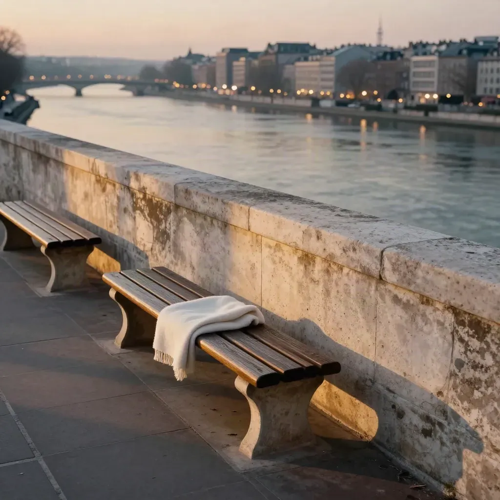 Abendliche Flussaussicht mit Steinbrüstung, leeren Bänken und Lichtern über der Stadt