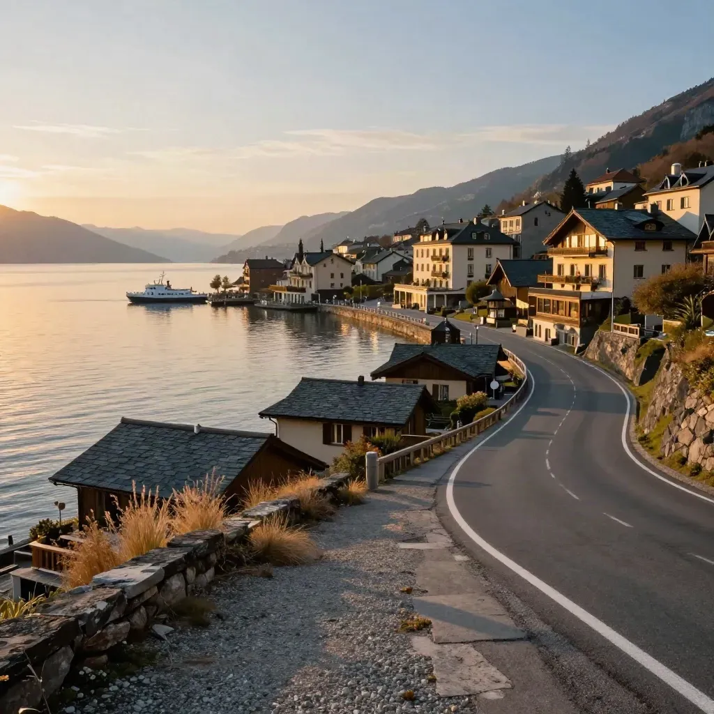 Blick über eine Seenstadt mit kurviger Straße, Hotel-Silhouetten und Fähranleger im Abendlicht