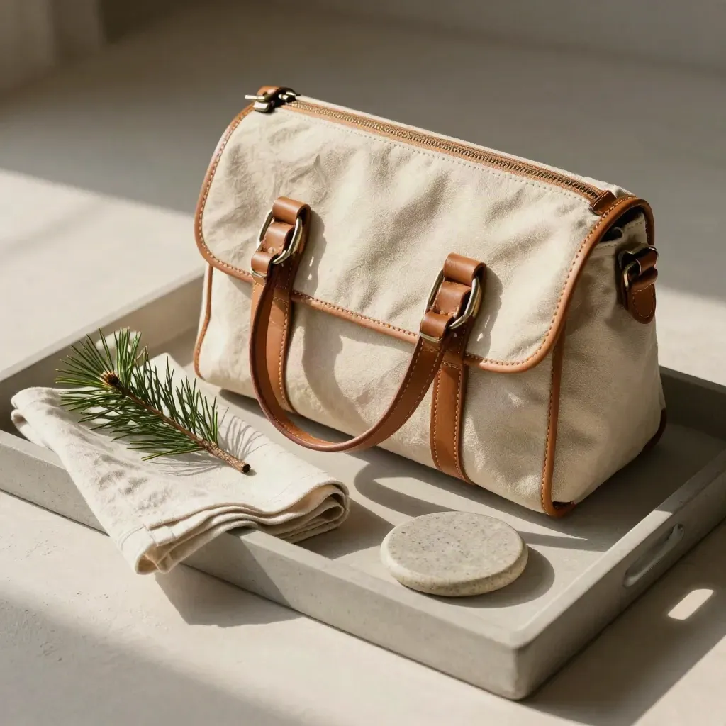 Wachstaschen-Reisetasche mit Kieferzweig, Leinenserviette und Steinuntersetzer auf hellem Tray.
