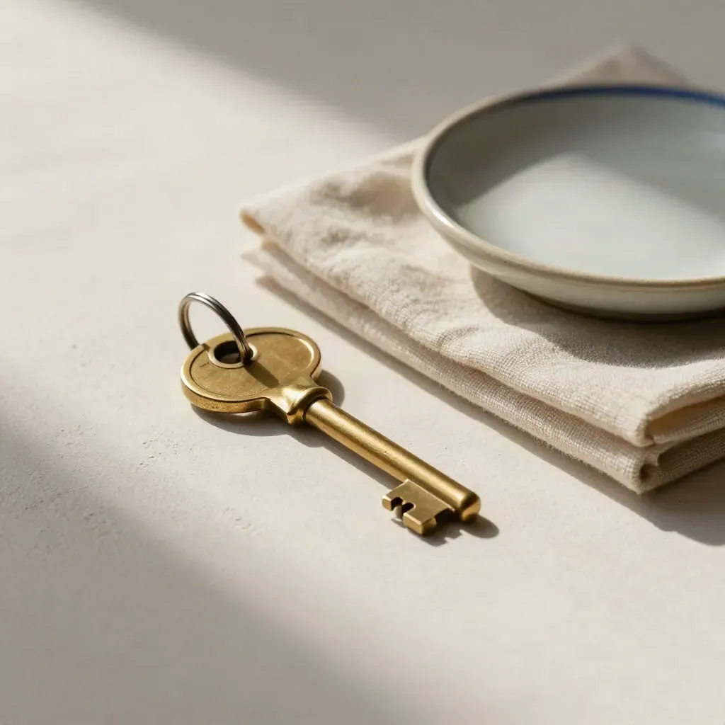 Brass-Hotelschlüssel mit Lederanhänger, Wolltuch und Keramikschale auf hellem Putz.