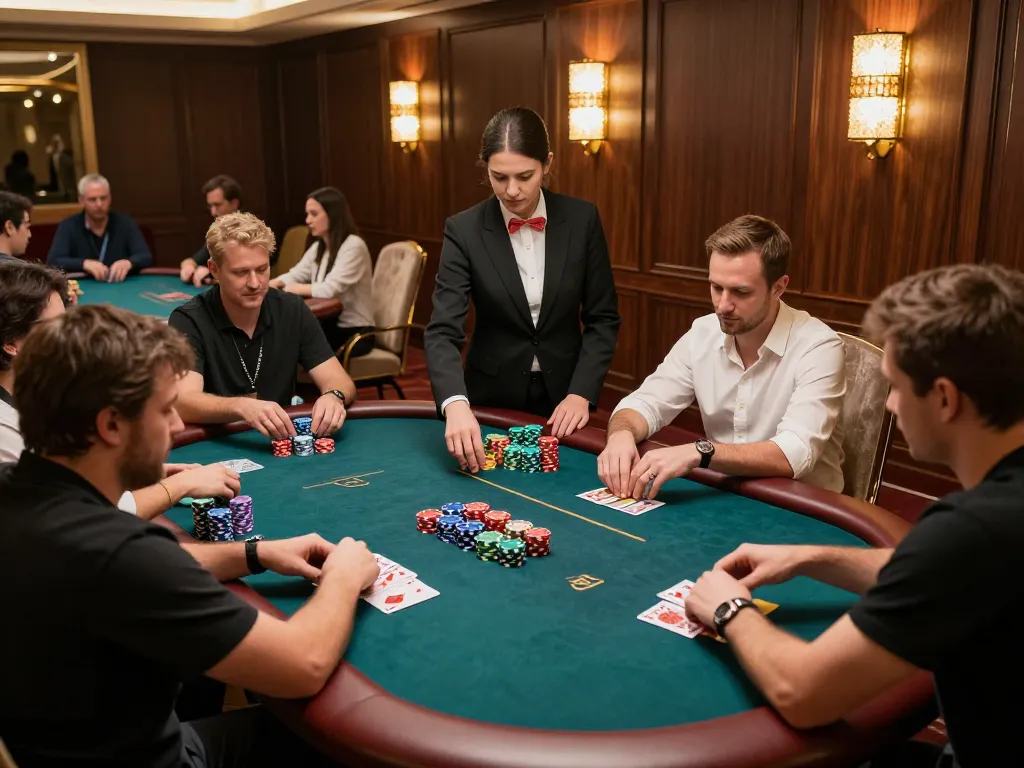VIN88 players strategizing at an upscale poker table in a vibrant casino environment