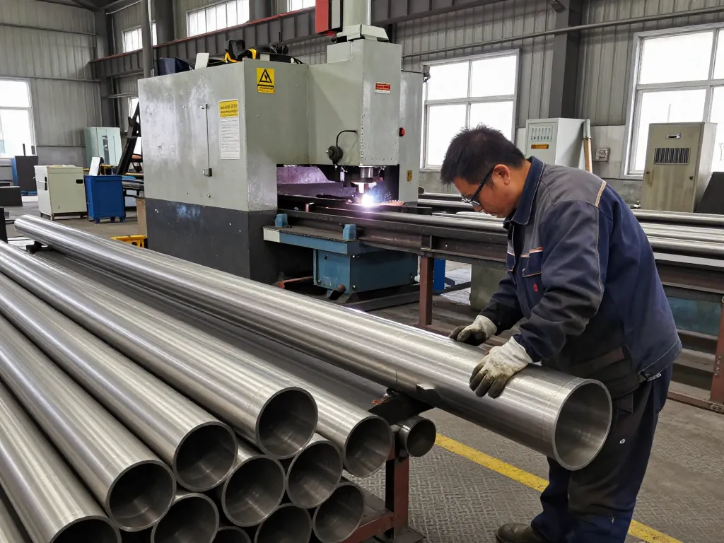 Sumwin worker inspecting stainless steel pipe in manufacturing workshop with industrial equipment.